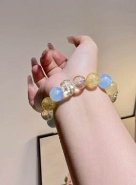 天然水晶手串黄塔晶海蓝宝能量喜用金水多宝手链送人女生礼物证书