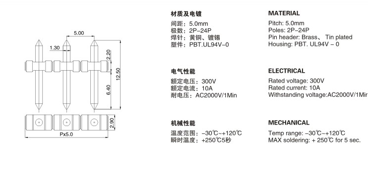 PCB接线插针 KF332 J 粗 排针 间距 5.0mm 单排 24P 300V/10A - 图1