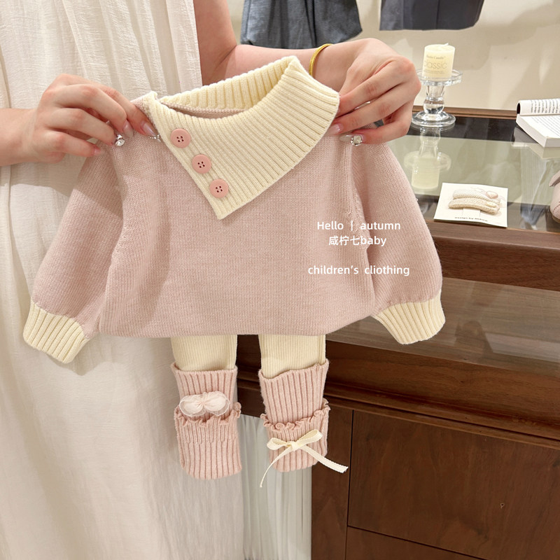 【咸柠七】小甜妹！女童秋冬毛衣针织衫宝宝翻领上衣打底裤两件套,淘宝优惠券,粉丝福利购,淘宝优惠卷