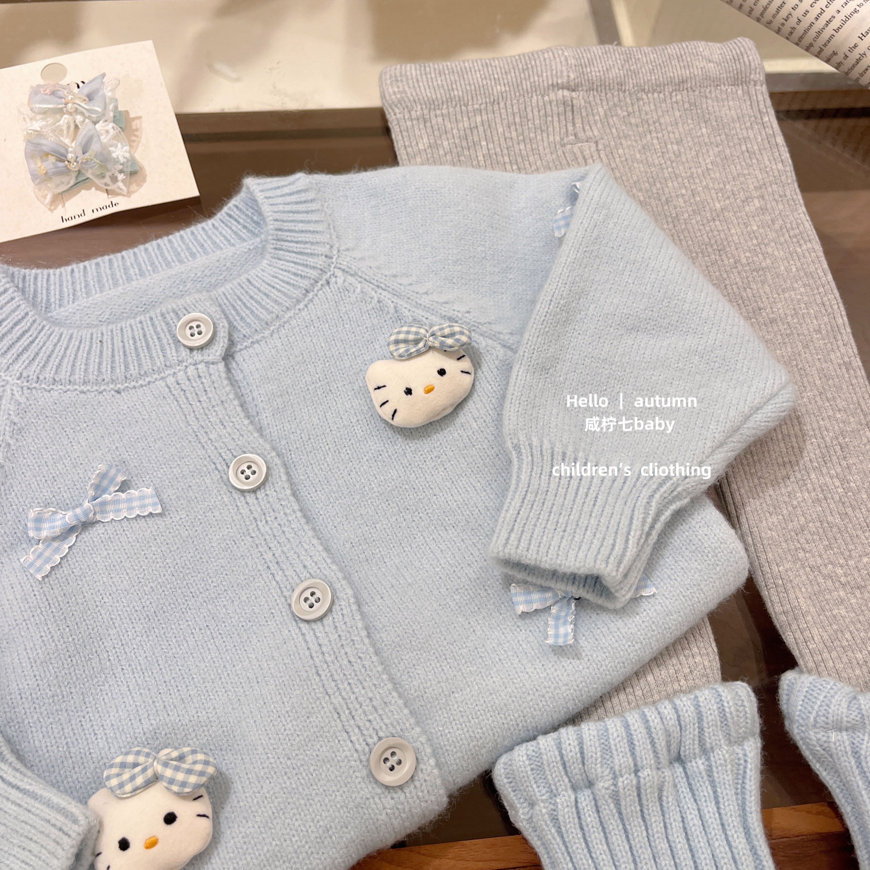 【咸柠七】原创！女童秋季毛衣套装kt猫开衫外套袜套打底裤两件套,淘宝优惠券,粉丝福利购,淘宝优惠卷