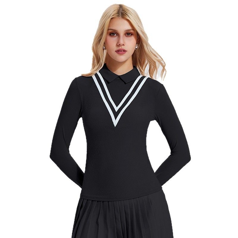 瑜伽服长袖T恤假两件翻领运动高尔夫羽毛网球运动POLO衫健身上衣,淘宝优惠券,粉丝福利购,淘宝优惠卷