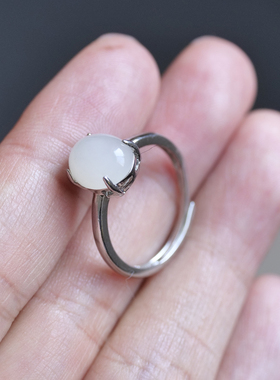 天然和田玉青海料白玉镶嵌S925银镶戒指生日礼物8z