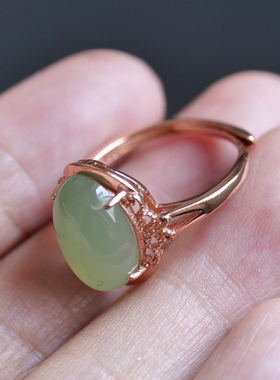 天然和田玉俄料碧玉粉青微猫眼s925银玫瑰金金镶戒指生日礼物8z