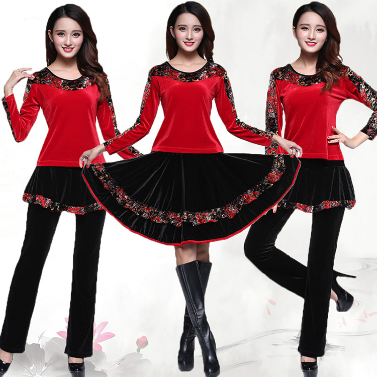 秋冬广场舞服装新款舞蹈服套装长袖金丝绒跳舞