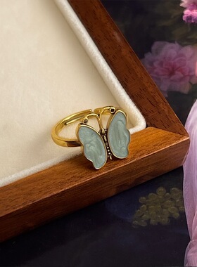 vintage中古风做旧古金蝴蝶戒指复古文艺滴油食指戒小众设计手饰