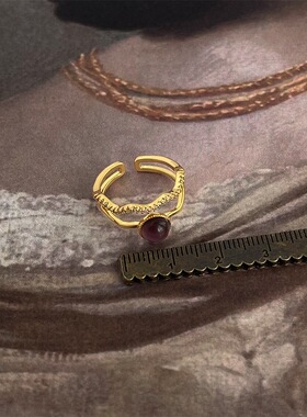 vintage轻中古镶锆石紫色猫眼石食指戒指镂空复古开口可调节指环