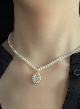 月光之路～中古风法式复古猫眼石珍珠项链宫廷风轻奢锁骨链毛衣链