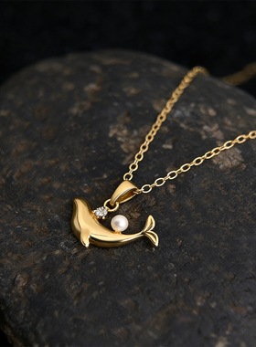 【金豚揽月】镀18k真金小鲸鱼锆石锁骨链时尚通勤风高级感项链女