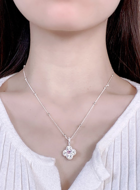 轻奢粉色锆石幸运草项链韩版小众双面粉色水纹板材高级设计锁骨链