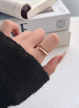 ins风白桥形贝壳微镶锆石可调节开口指环戒指女小众高级轻奢食指