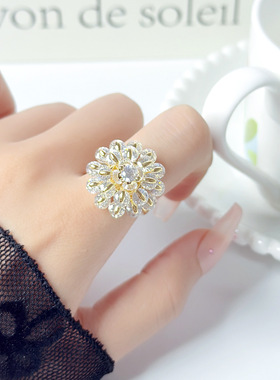 欧美风潮流满镶白锆石戒指女轻奢大气花朵重工时尚开口指环手饰