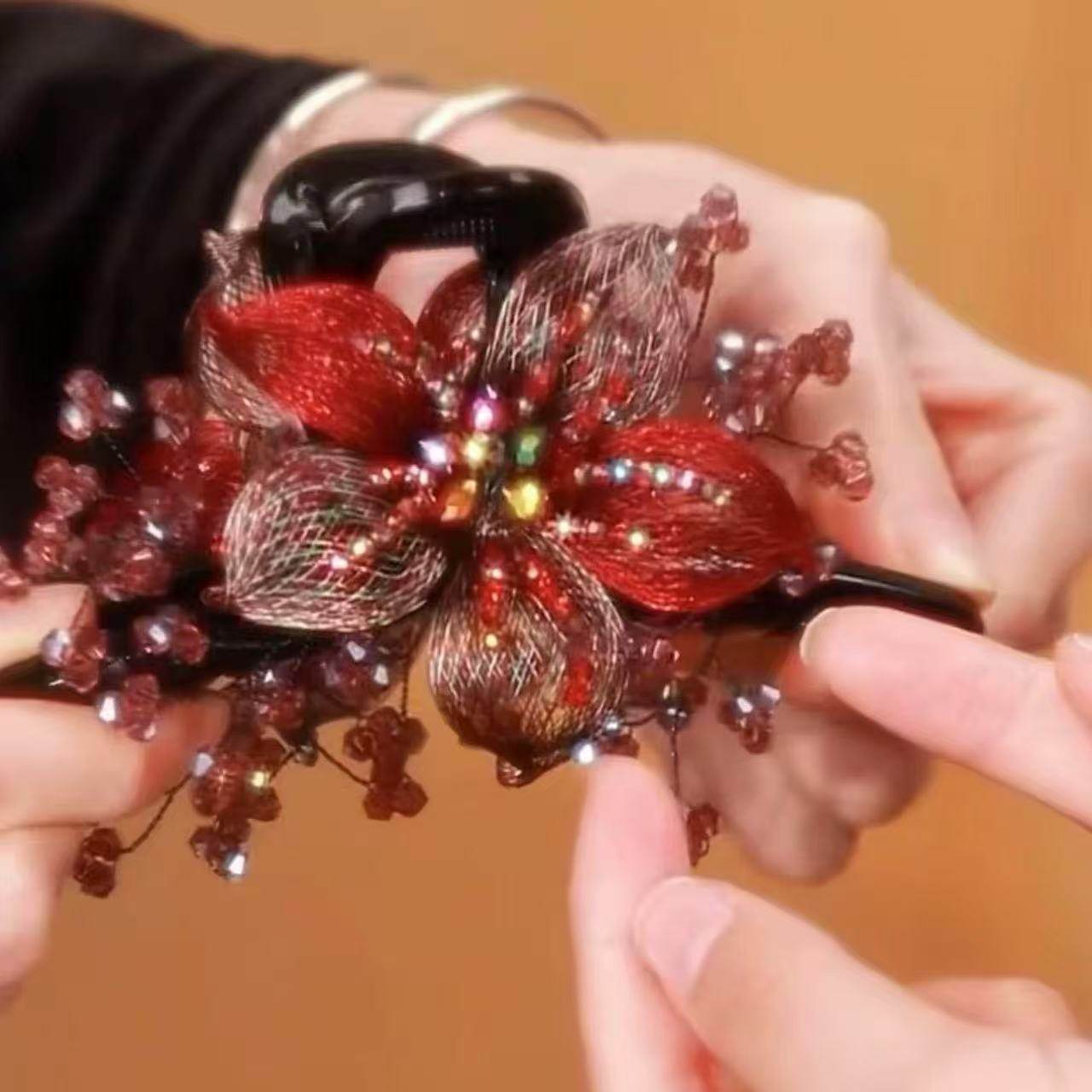 爆款复古抓夹女金属丝手工编织双面气质红花朵鲨鱼夹优雅发夹头饰,淘宝优惠券,粉丝福利购,淘宝优惠卷