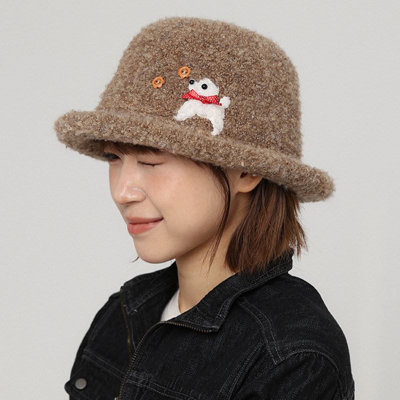 小狗蝴蝶结咖色渔夫帽短檐卷边女秋冬新款保暖护耳毛线帽遮阳盆帽,淘宝优惠券,粉丝福利购,淘宝优惠卷