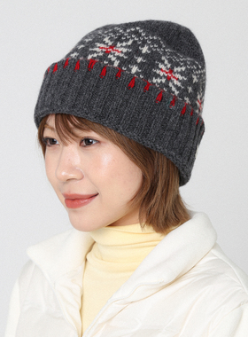 费尔岛风提花白色羊毛针织帽