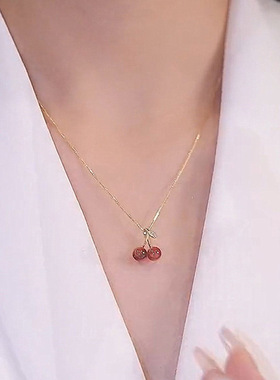 芒果mg饰品小樱桃石榴石高级感红色吊坠项链女轻奢小众设计百搭钛
