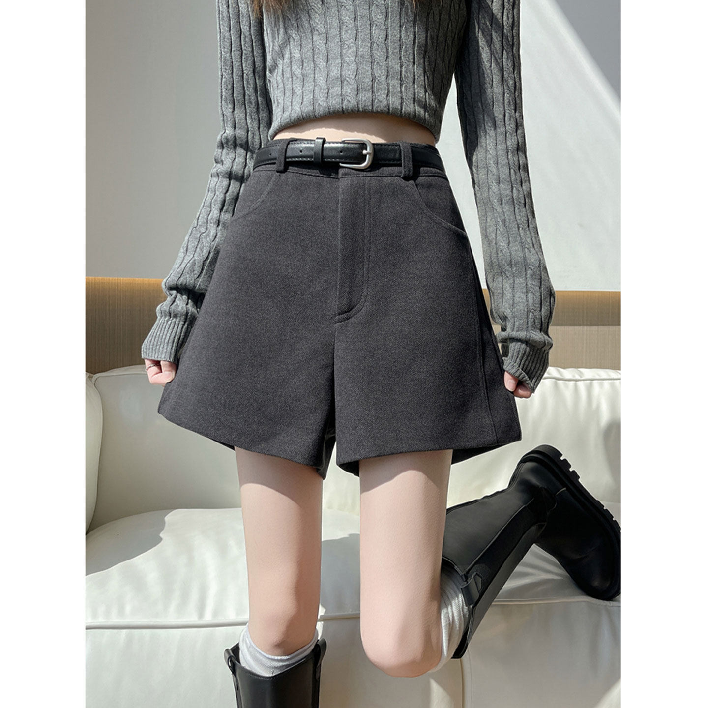 灰色毛呢短裤女冬季外穿小个子高腰西装阔腿裤春季显瘦打底靴裤子,淘宝优惠券,粉丝福利购,淘宝优惠卷