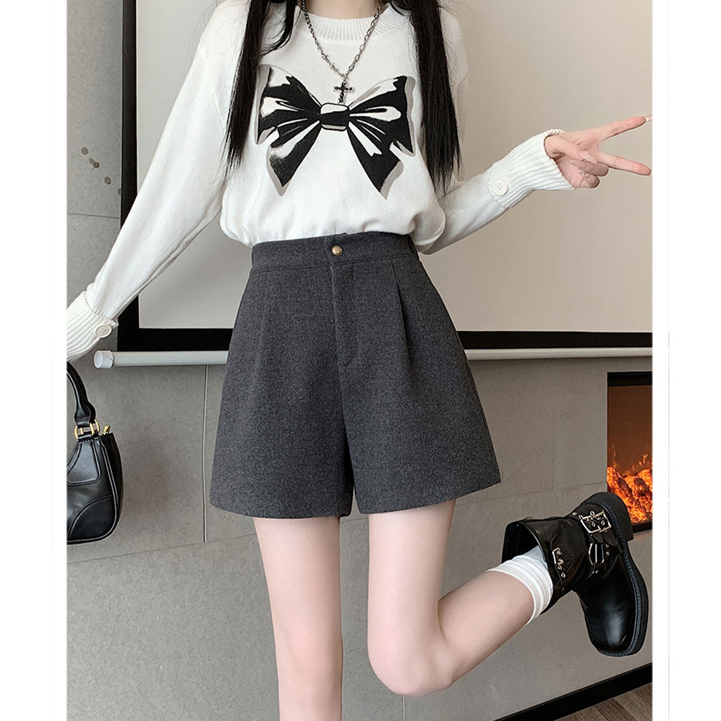 灰色高腰阔腿毛呢西装短裤女装秋冬新款气质直筒靴裤简约休闲裤子,淘宝优惠券,粉丝福利购,淘宝优惠卷