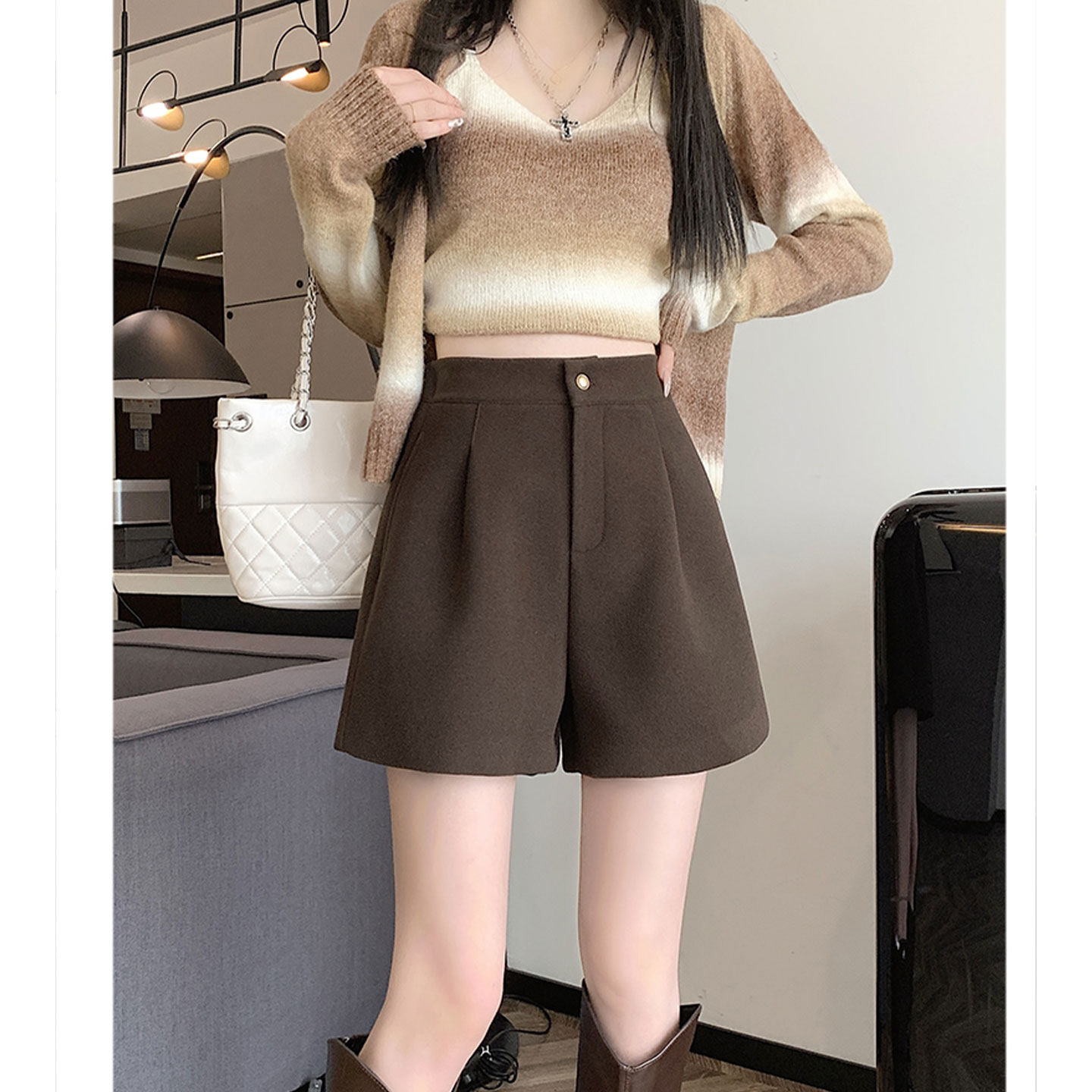 灰色高腰阔腿毛呢西装短裤女装秋冬新款气质直筒靴裤简约休闲裤子,淘宝优惠券,粉丝福利购,淘宝优惠卷