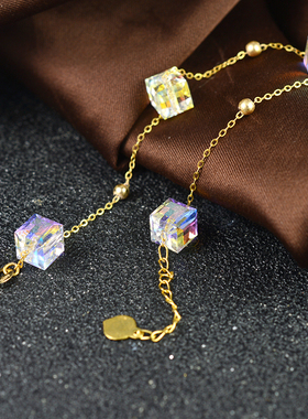 正品18k金黄金手链闪烁水晶au750