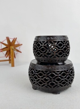 黑檀木雕工艺品摆件实木圆形茶壶花瓶花盆佛像奇石头梅花鼓形底座
