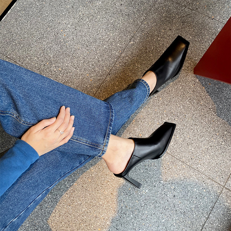 包头欧美风春季新款简约方头粗跟2022年帅气高跟真皮懒人半拖鞋女,淘宝优惠券,粉丝福利购,淘宝优惠卷