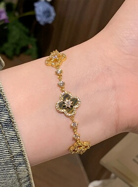 金店同款沙金镶钻虎眼石四叶草手链女轻奢高级感百搭气质手饰