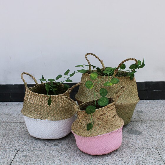 Seagrass Folding Basket Supplies Simulated Plant Round Flower Pot
