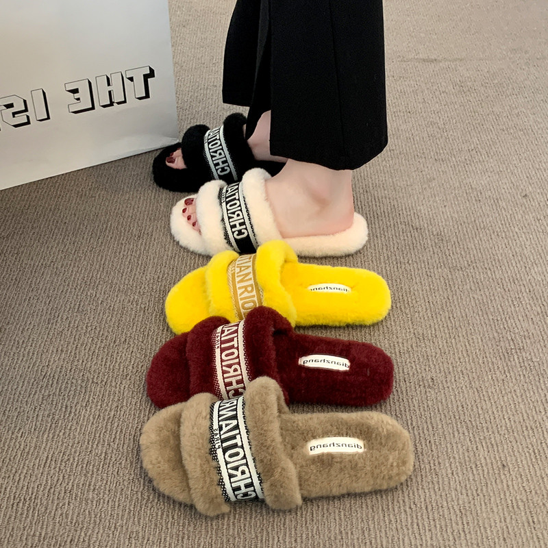 红色贵妇居家拖鞋小香风名媛毛毛半拖室内外出平底字母棉拖春秋女,淘宝优惠券,粉丝福利购,淘宝优惠卷