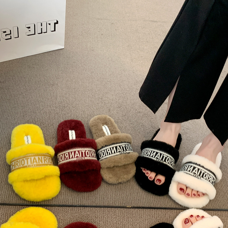 红色贵妇居家拖鞋小香风名媛毛毛半拖室内外出平底字母棉拖春秋女,淘宝优惠券,粉丝福利购,淘宝优惠卷