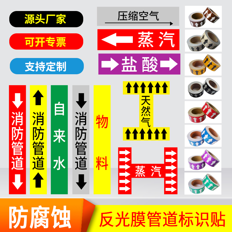 管道标识贴纸国标管道流向标识贴工业管道标志牌工厂化工消防管道标识色环流向箭头标签贴不干胶带定制定做-图0