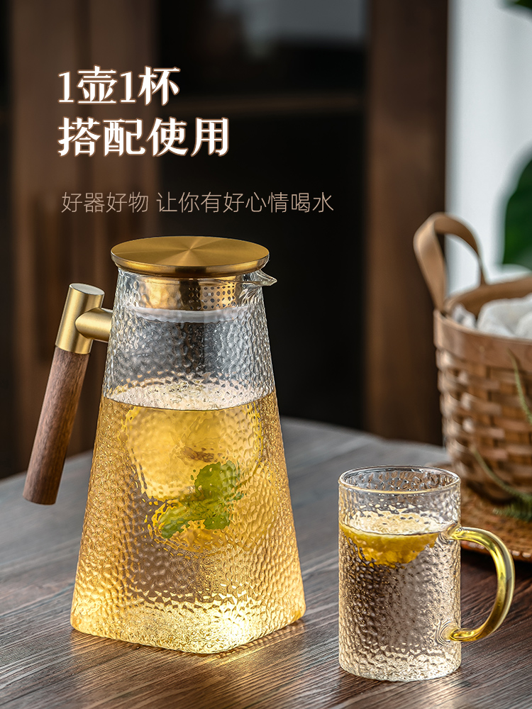 新中式复古锤纹玻璃杯子家庭水杯套装家用带把手杯具客厅待客茶杯