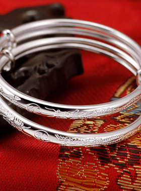 银蝶坊银手镯s999足银儿童小孩龙凤婴儿银镯子可刻字脚镯童镯满月