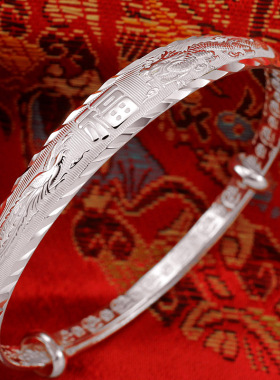 纯银手镯9999足银女银手镯送妈妈老人龙凤白银镯子银饰品母亲节礼