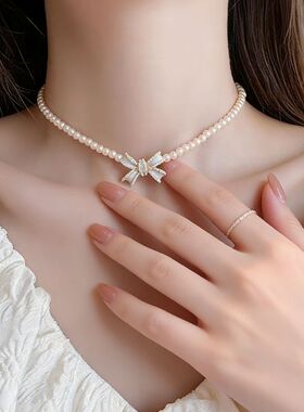 时尚珍珠蝴蝶结项链耳钉套装小众百搭高级感轻奢颈链网红爆款配饰