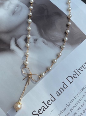 蝴蝶结珍珠14k包金法式锁骨链女