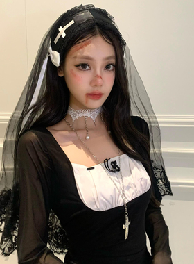 万圣节黑色头纱蕾丝鬼新娘cos头饰婚纱拍照道具高级感哥特风配饰