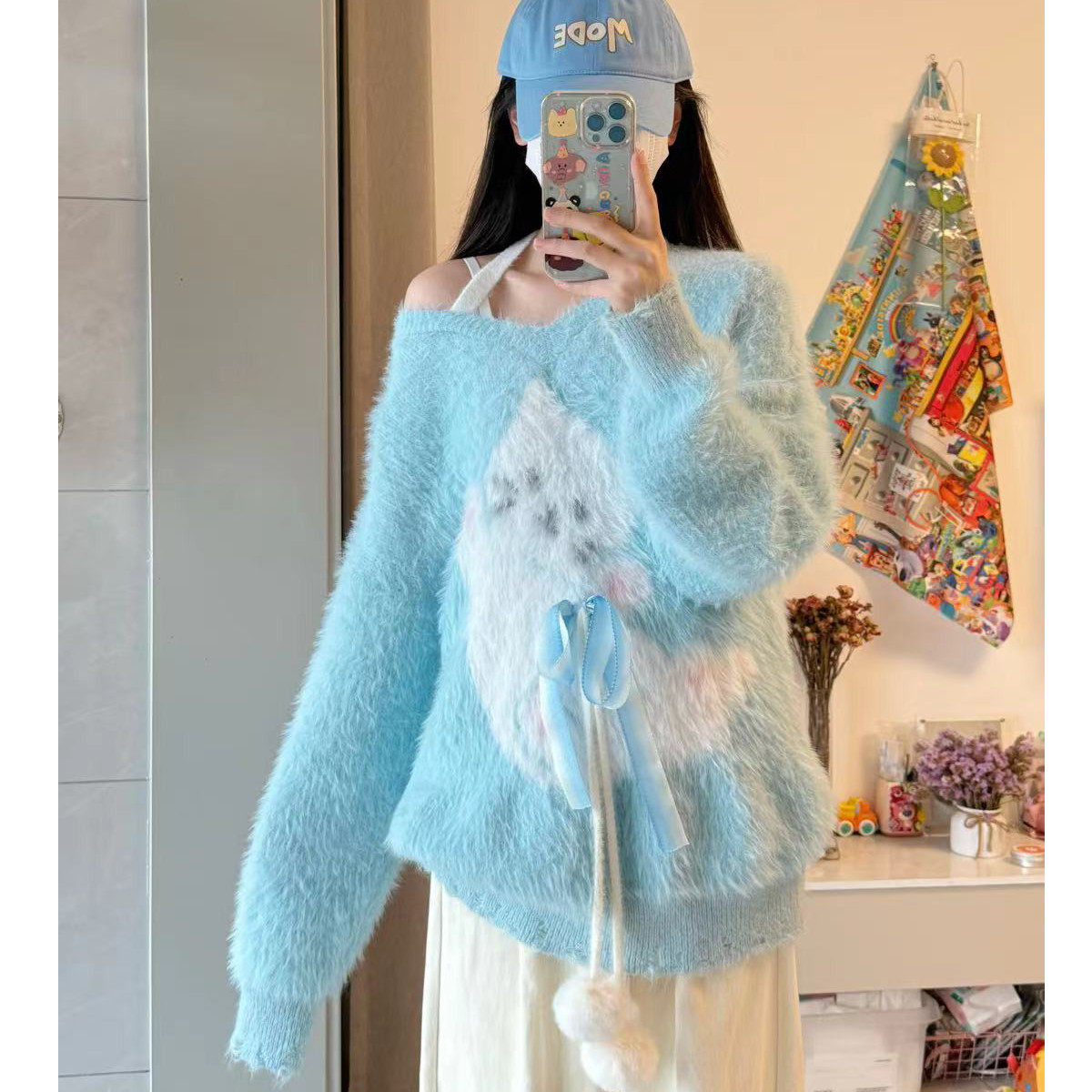 Deschpe 美式高级感奶蓝色水貂绒猫咪蝴蝶结毛衣女秋冬款宽松上衣 - 图1