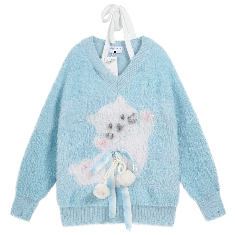 Deschpe 美式高级感奶蓝色水貂绒猫咪蝴蝶结毛衣女秋冬款宽松上衣 - 图3