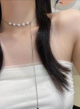 可抽拉珍珠项链颈链铜合蛇骨链女