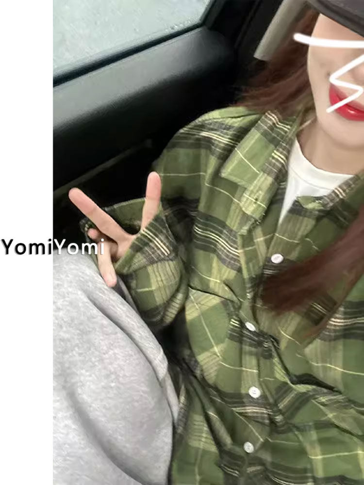 美式复古绿色格子衬衫外套女夏季大码胖MM慵懒风衬衣薄款长袖上衣