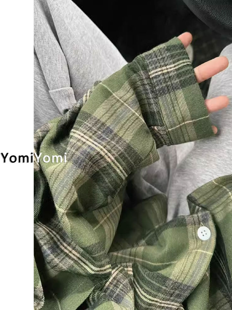 美式复古绿色格子衬衫外套女夏季大码胖MM慵懒风衬衣薄款长袖上衣