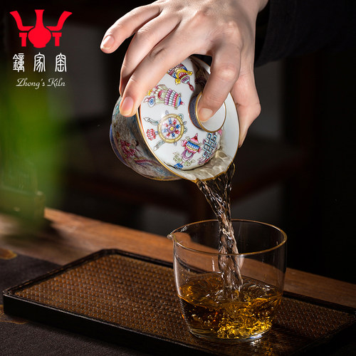 钟家窑盖碗茶杯景德镇陶瓷二才盖碗单个高端珐琅彩八仙过海泡茶碗 - 图2