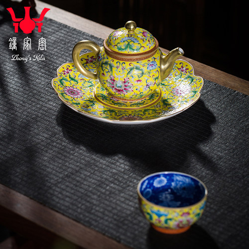 钟家窑壶承 景德镇全手工手绘珐琅彩黄地缠枝壶承陶瓷干泡盘茶盘 - 图3