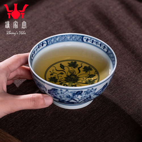 钟家窑品茗杯景德镇功夫茶杯手工青花柴窑青荷莲塘主人杯单杯大号 - 图1