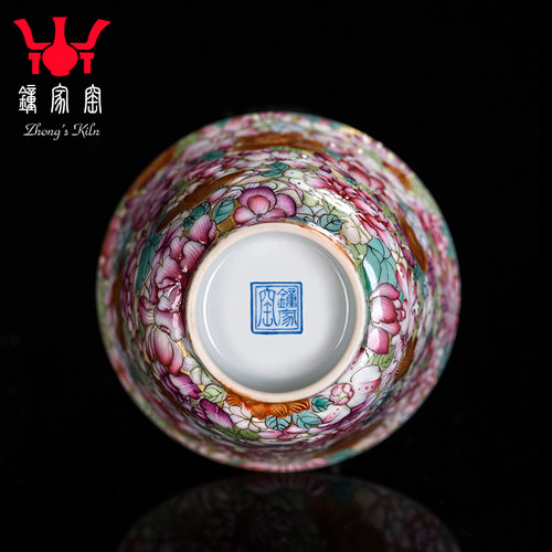 钟家窑珐琅彩主人杯景德镇茶具纯手工小茶杯单杯珐琅彩金地万花杯 - 图2