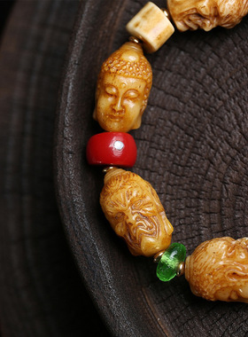 天然老料骆驼骨手串雕刻佛头一念之间手链文玩佛珠念珠男女款佛珠