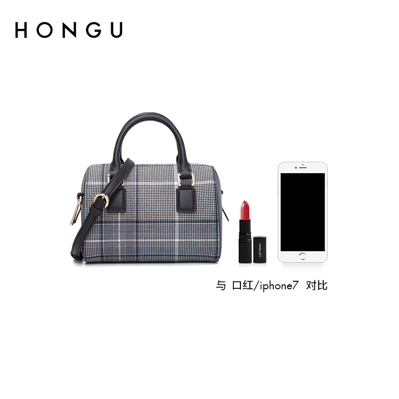 红谷新款复古格子手提圆筒波士顿包 庭满箱包女士包袋
