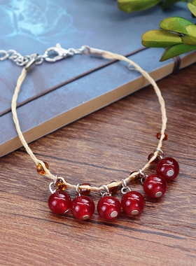 森系拉菲草甜美风铃铛配饰手绳