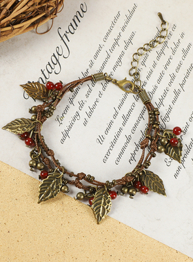 复古文艺森系叶子红色樱桃手链