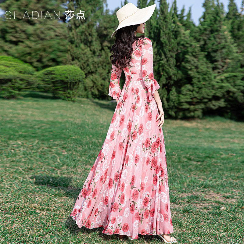 碎花连衣裙女夏长款到脚踝V领长裙夏天雪纺大摆裙海边度假沙滩裙